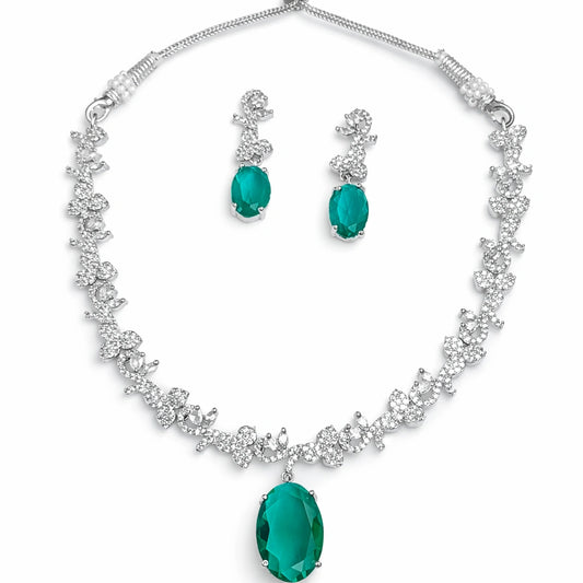 Green Stone Necklace Set with Earrings for Women | American Diamond Artificial Jewellery Party Wear