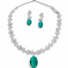 Green Stone Necklace Set with Earrings for Women | American Diamond Artificial Jewellery Party Wear