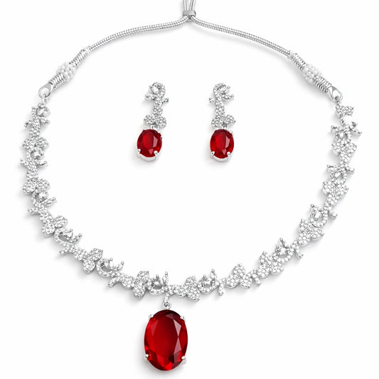 Red Stone Necklace Set with Earrings for Women | American Diamond Artificial Jewellery Party Wear