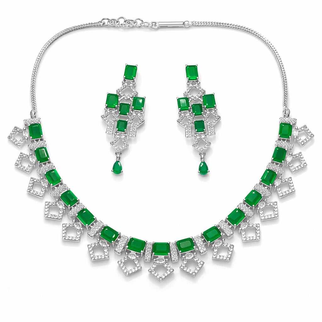 Green Stone Necklace Set with Earrings for Women | American Diamond Artificial Jewellery Party Wear