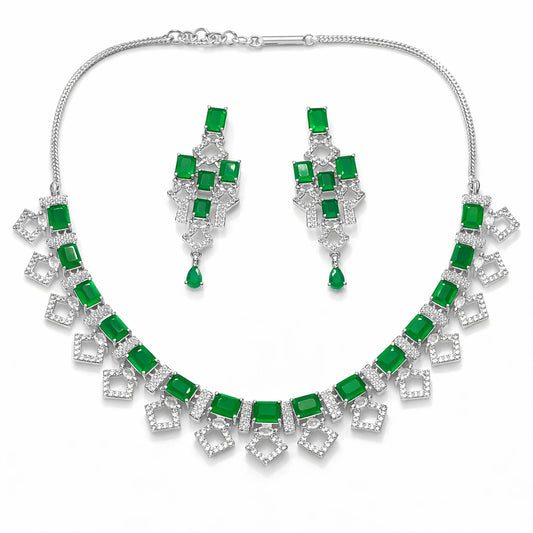 Green Stone Necklace Set with Earrings for Women | American Diamond Artificial Jewellery Party Wear