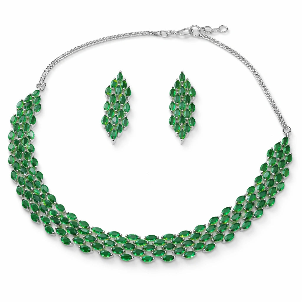 Elegant Emerald Green Crystal Choker Necklace Set with Earrings | AD Artificial Bridal Jewellery