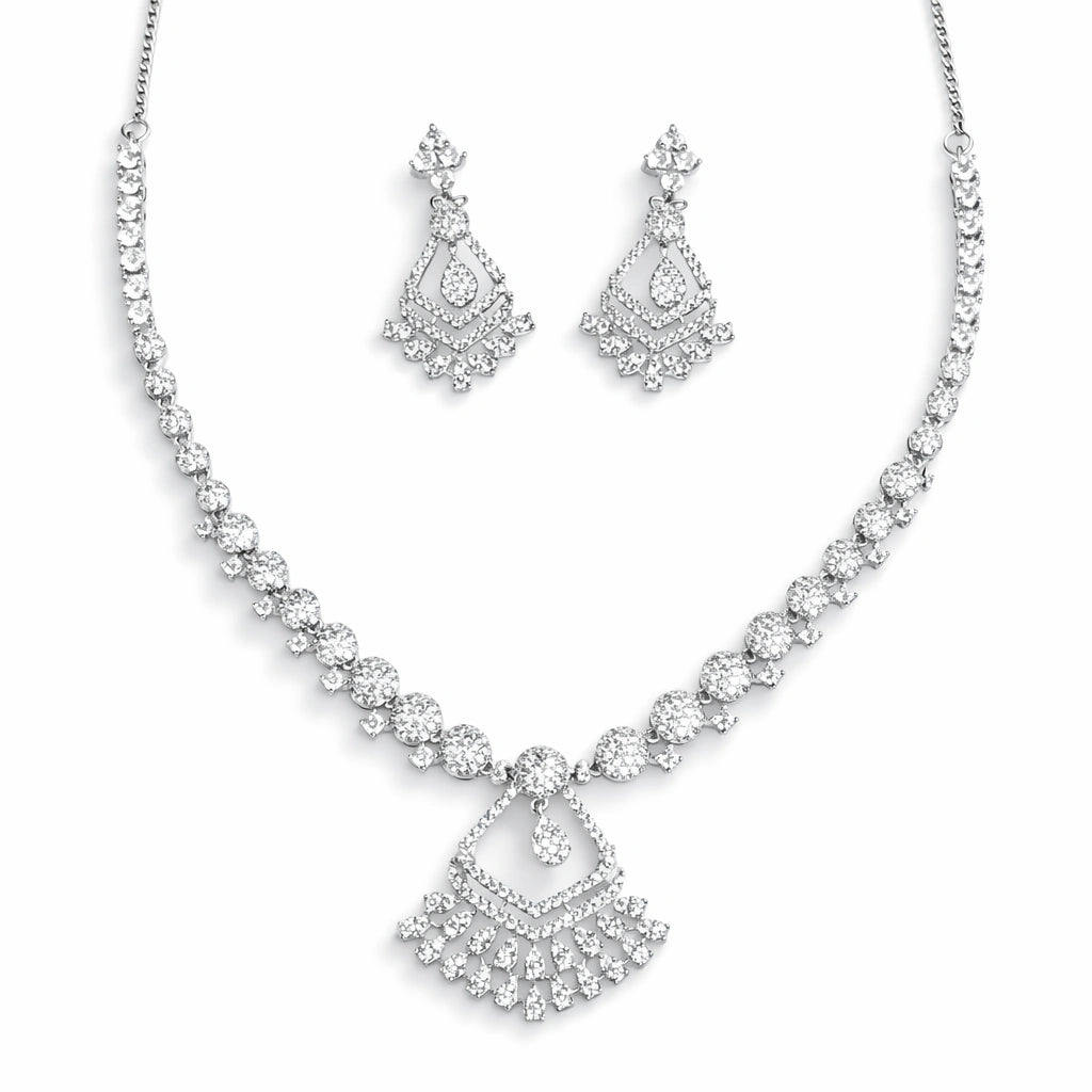 White Stone Necklace Set with Earrings for Women | American Diamond Artificial Jewellery Party Wear