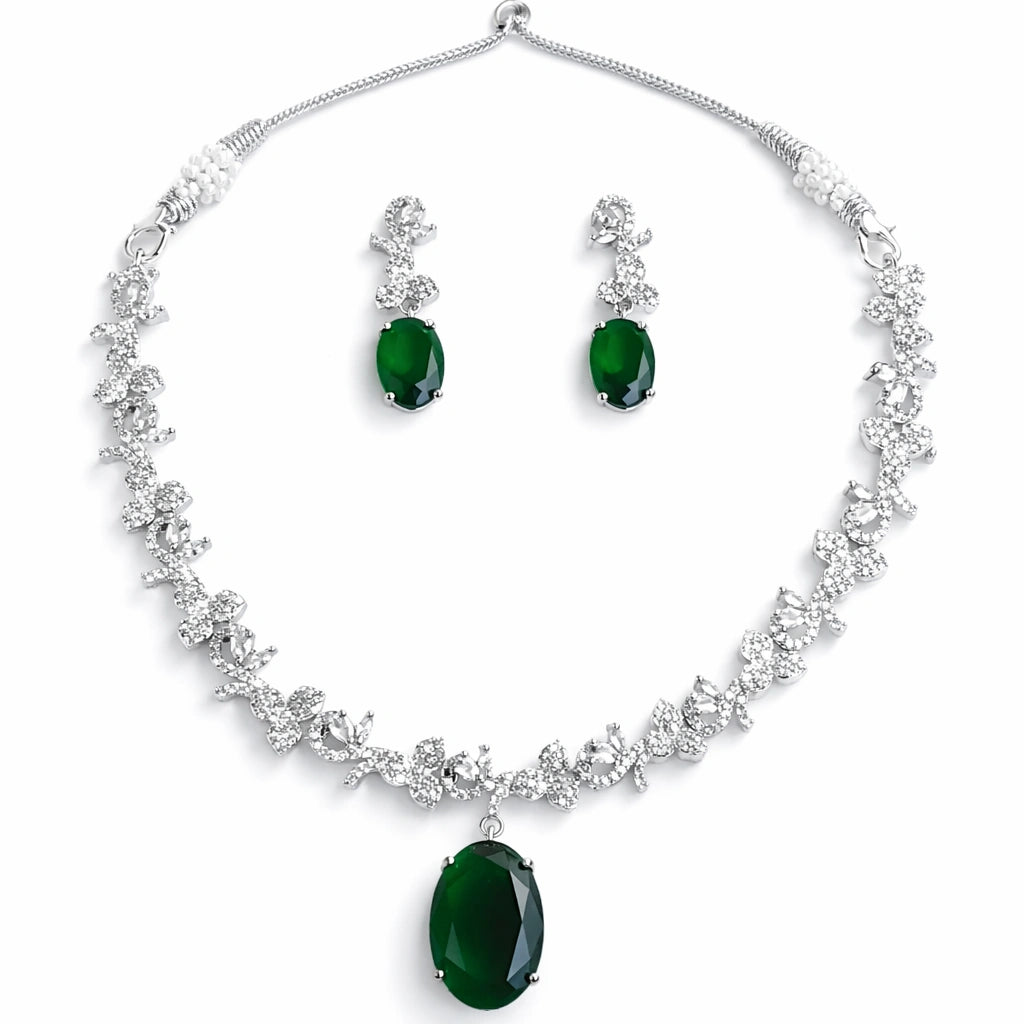 Elegant Emerald Green Crystal Necklace Set with Earrings | AD Artificial Bridal Wedding Jewellery