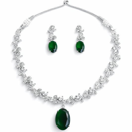 Elegant Emerald Green Crystal Necklace Set with Earrings | AD Artificial Bridal Wedding Jewellery