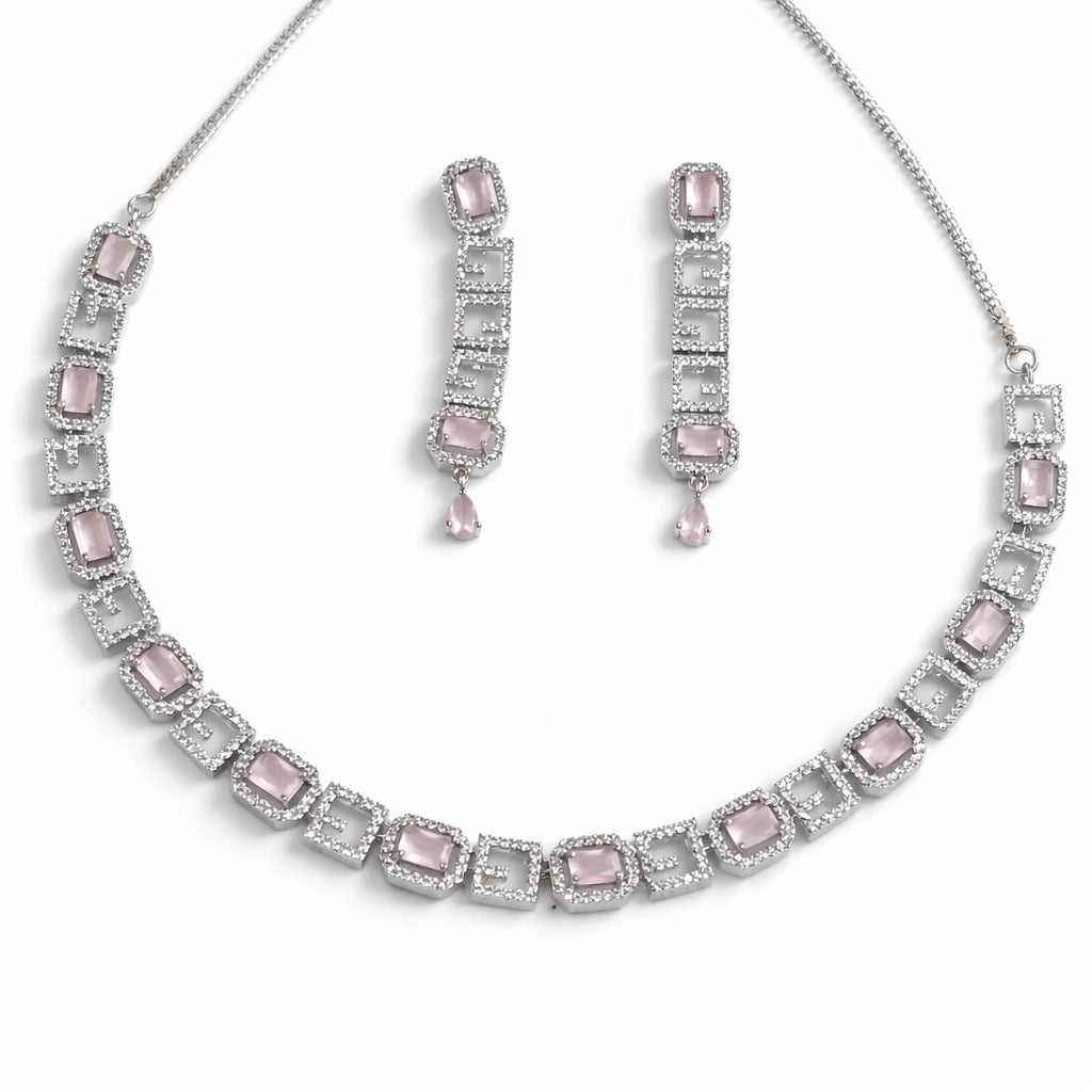 Pink Stone Necklace Set with Earrings for Women | American Diamond Artificial Jewellery Party Wear