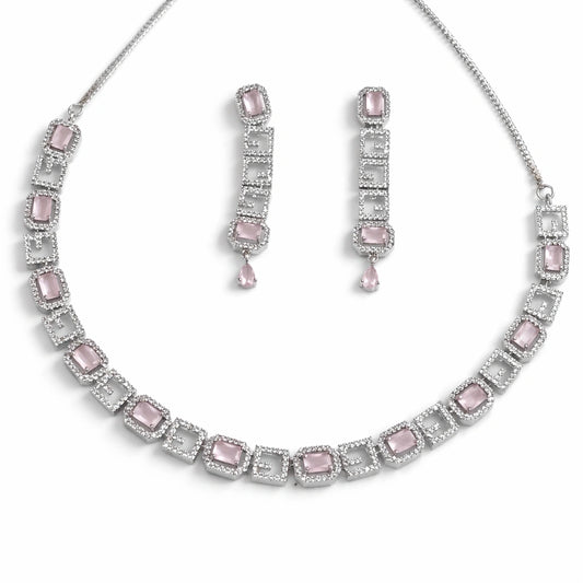 Pink Stone Necklace Set with Earrings for Women | American Diamond Artificial Jewellery Party Wear