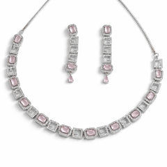 Pink Stone Necklace Set with Earrings for Women | American Diamond Artificial Jewellery Party Wear