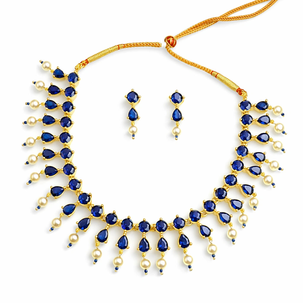 Blue Stone & Pearl Necklace Set with Earrings for Women | Artificial Jewellery Party Wear