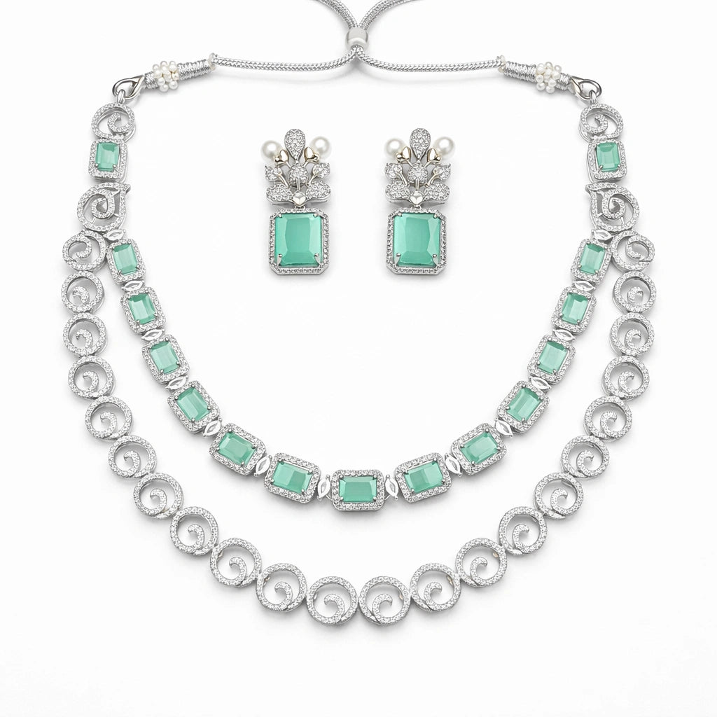 Elegant Emerald Green Crystal Necklace Set with Earrings | Silver AD Bridal & Wedding Jewellery Set
