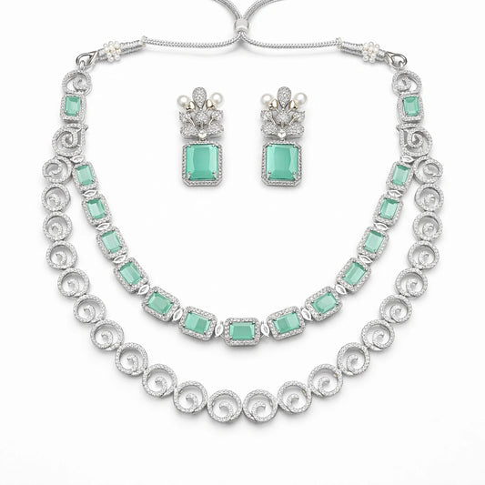 Elegant Emerald Green Crystal Necklace Set with Earrings | Silver AD Bridal & Wedding Jewellery Set