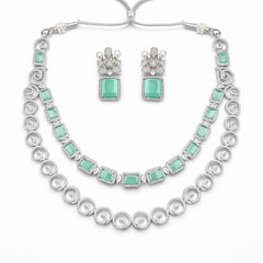Elegant Emerald Green Crystal Necklace Set with Earrings | Silver AD Bridal & Wedding Jewellery Set