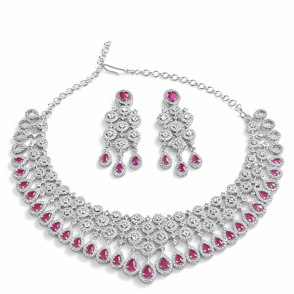 Pink Stone Necklace Set with Earrings for Women | American Diamond Artificial Jewellery Party Wear