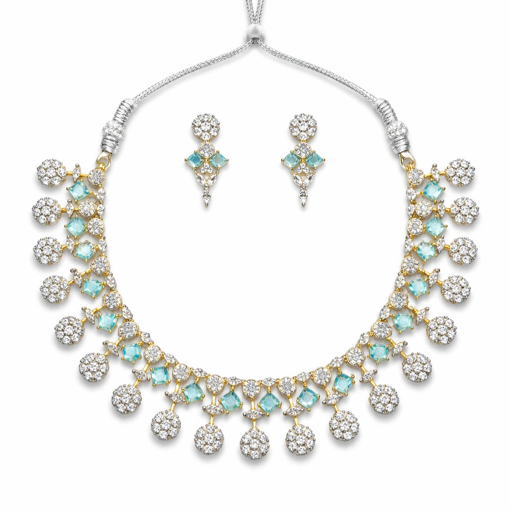 Elegant Mint Green Crystal Necklace Set with Earrings | AD Artificial Bridal Wedding Jewellery