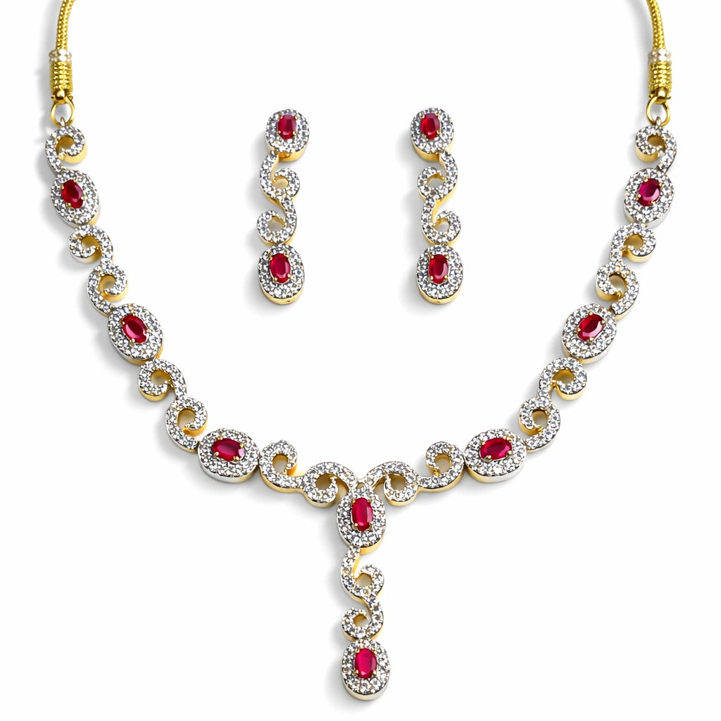 Red Stone Necklace Set with Earrings for Women | American Diamond Artificial Jewellery Party Wear