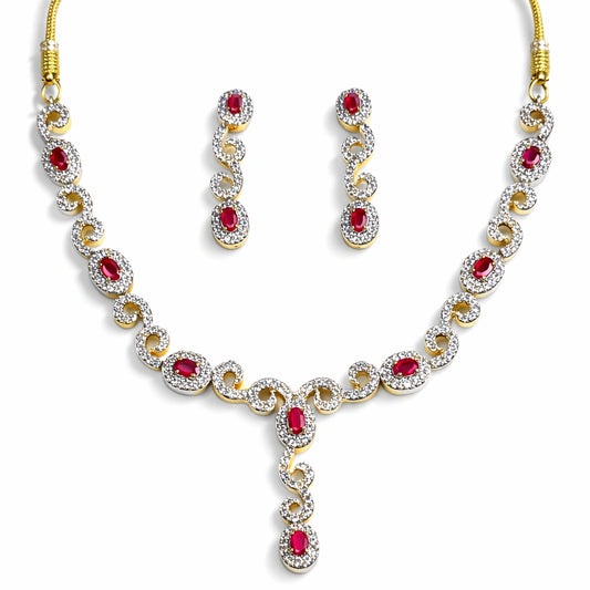 Red Stone Necklace Set with Earrings for Women | American Diamond Artificial Jewellery Party Wear