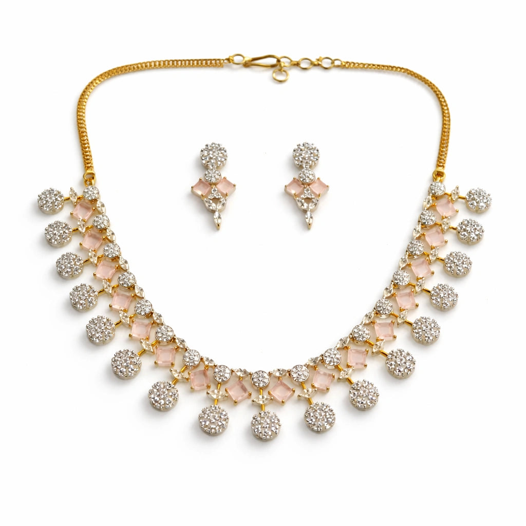 Peach Stone Necklace Set with Earrings for Women | American Diamond Artificial Jewellery Party Wear