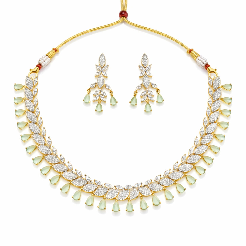 Elegant Mint Green Drop Necklace Set with Earrings | Artificial Bridal Wedding Jewellery