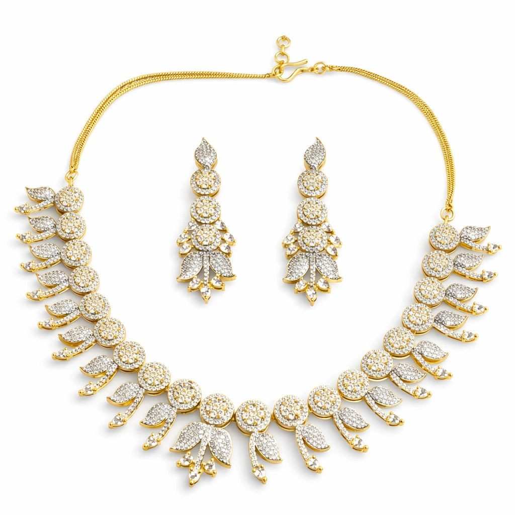 Gold Tone Necklace Set with Earrings for Women | American Diamond Artificial Jewellery Party Wear