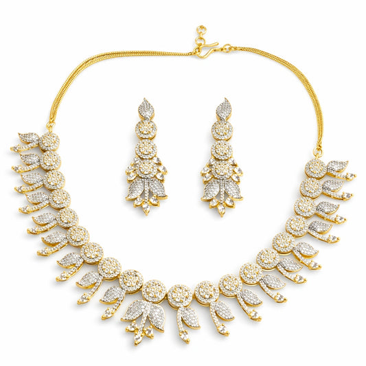 Gold Tone Necklace Set with Earrings for Women | American Diamond Artificial Jewellery Party Wear