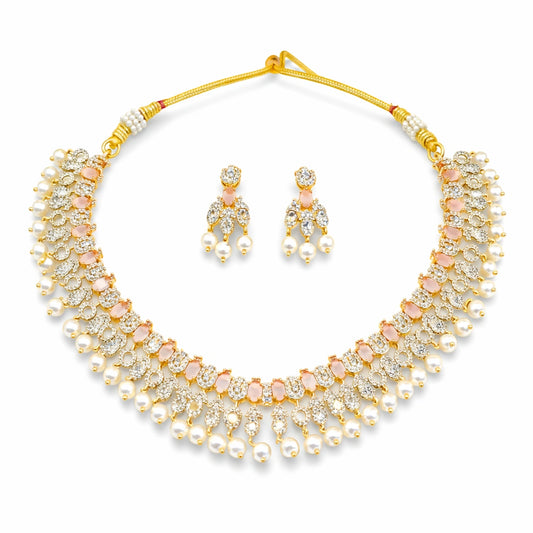 Peach Stone & Pearl Necklace Set with Earrings for Women | American Diamond Artificial Jewellery Party Wear