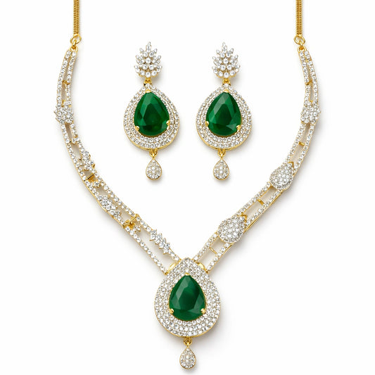 Green Drop Necklace Set with Earrings for Women | American Diamond Artificial Jewellery Party Wear