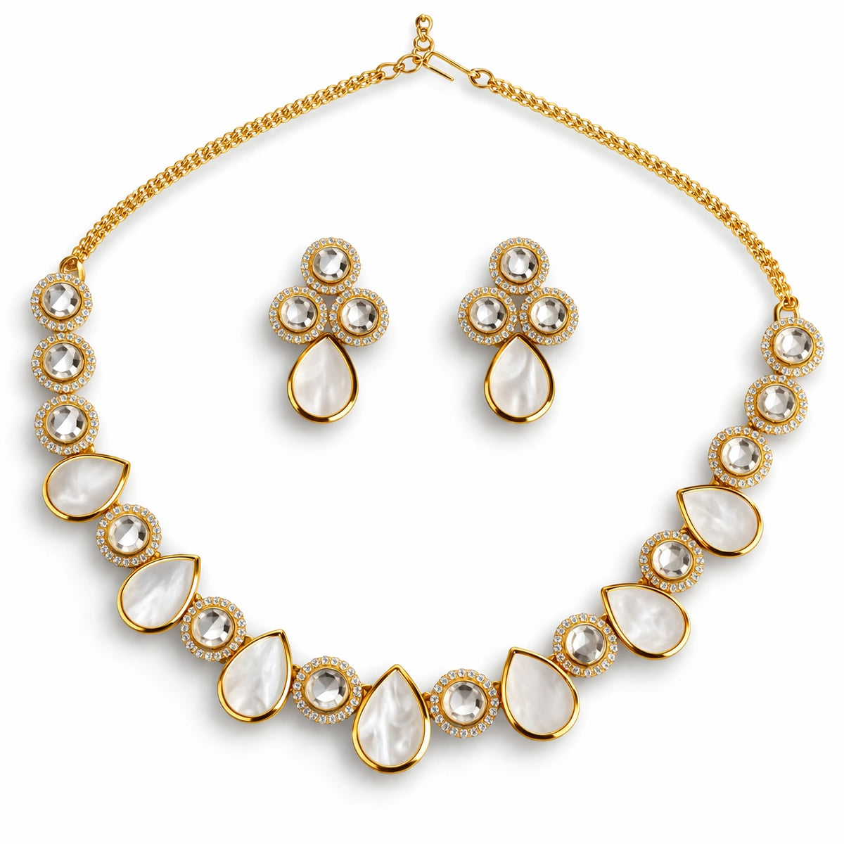 White Stone & Pearl Necklace Set with Earrings for Women | American Diamond Artificial Jewellery Party Wear