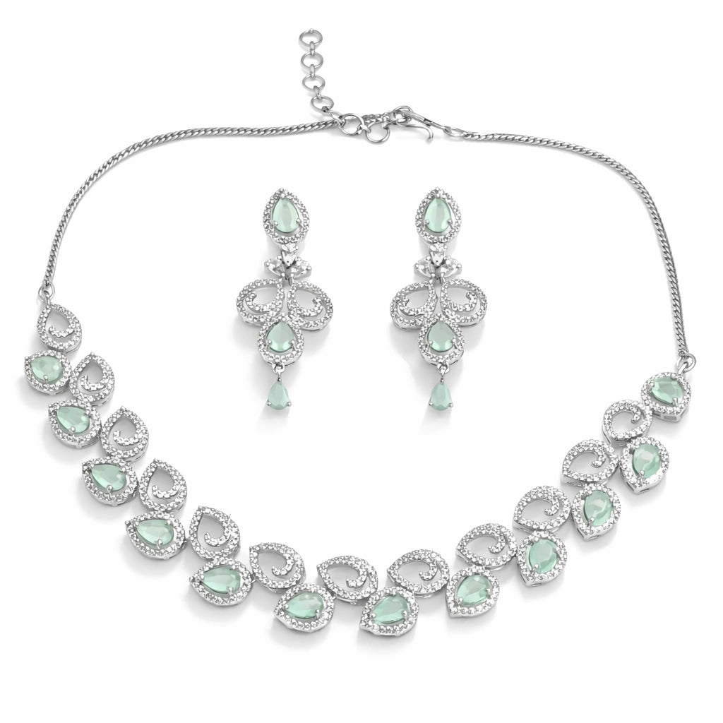 Mint Green Stone Necklace Set with Earrings for Women | American Diamond Artificial Jewellery Party Wear