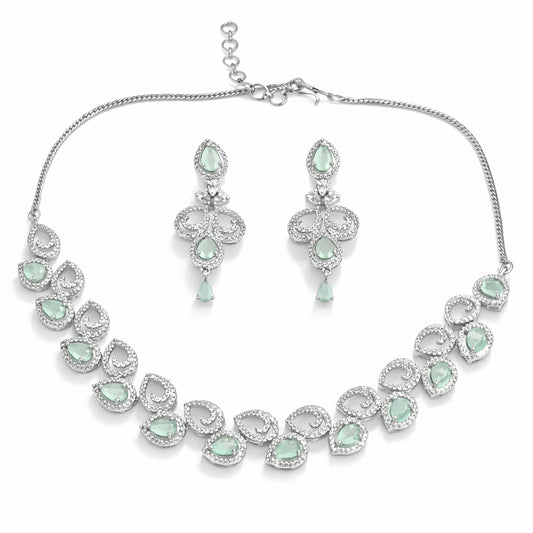 Mint Green Stone Necklace Set with Earrings for Women | American Diamond Artificial Jewellery Party Wear