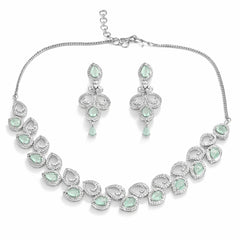 Mint Green Stone Necklace Set with Earrings for Women | American Diamond Artificial Jewellery Party Wear