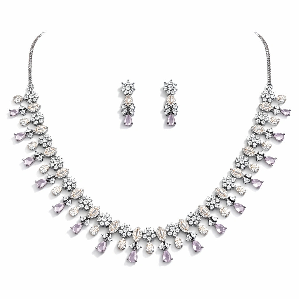 Pink Drop Necklace Set with Earrings for Women | American Diamond Artificial Jewellery Party Wear
