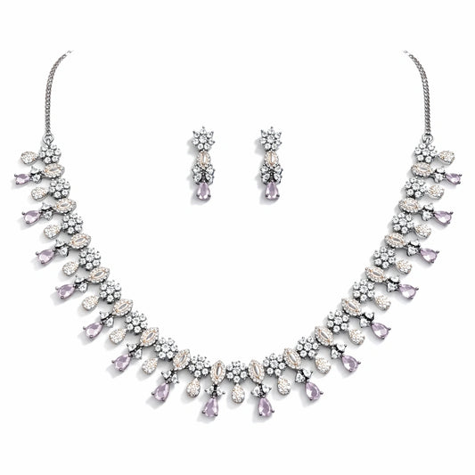 Pink Drop Necklace Set with Earrings for Women | American Diamond Artificial Jewellery Party Wear