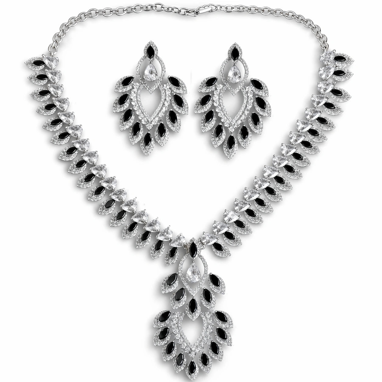 Black & White Stone Necklace Set with Earrings for Women | American Diamond Artificial Jewellery Party Wear