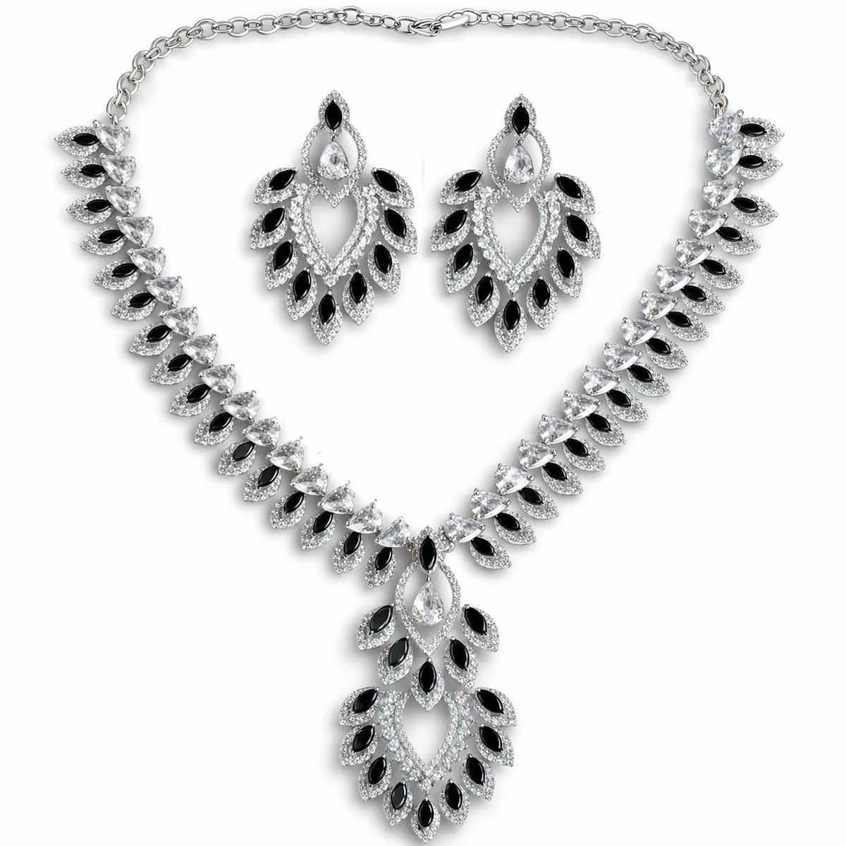 Black & White Stone Necklace Set with Earrings for Women | American Diamond Artificial Jewellery Party Wear