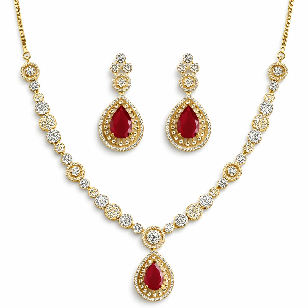 Elegant Ruby Red Teardrop Necklace Set with Earrings | AD Artificial Bridal Wedding Jewellery