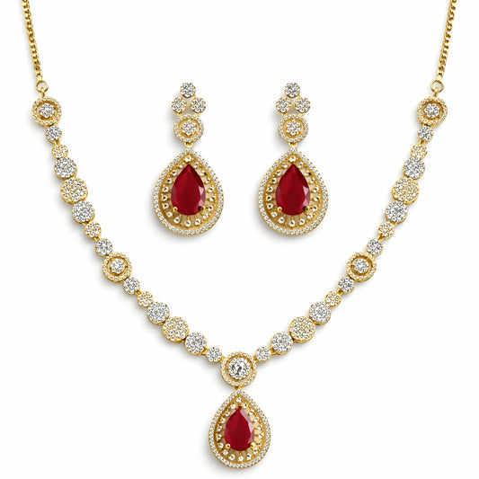 Elegant Ruby Red Teardrop Necklace Set with Earrings | AD Artificial Bridal Wedding Jewellery