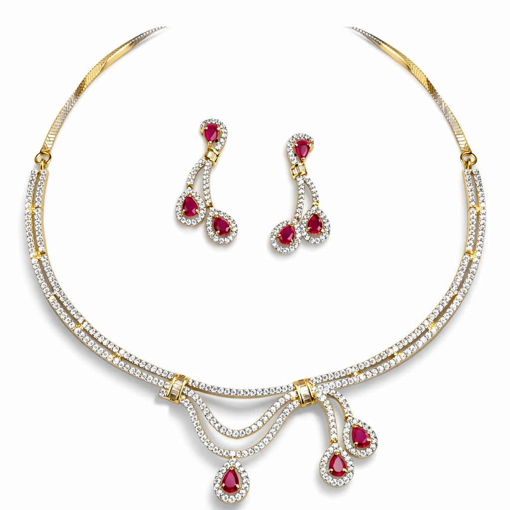 Red Drop Necklace Set with Earrings for Women | American Diamond Artificial Jewellery Party Wear