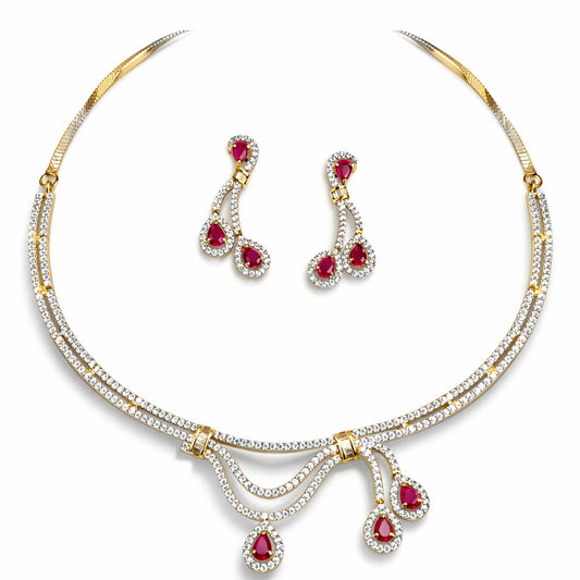 Red Drop Necklace Set with Earrings for Women | American Diamond Artificial Jewellery Party Wear