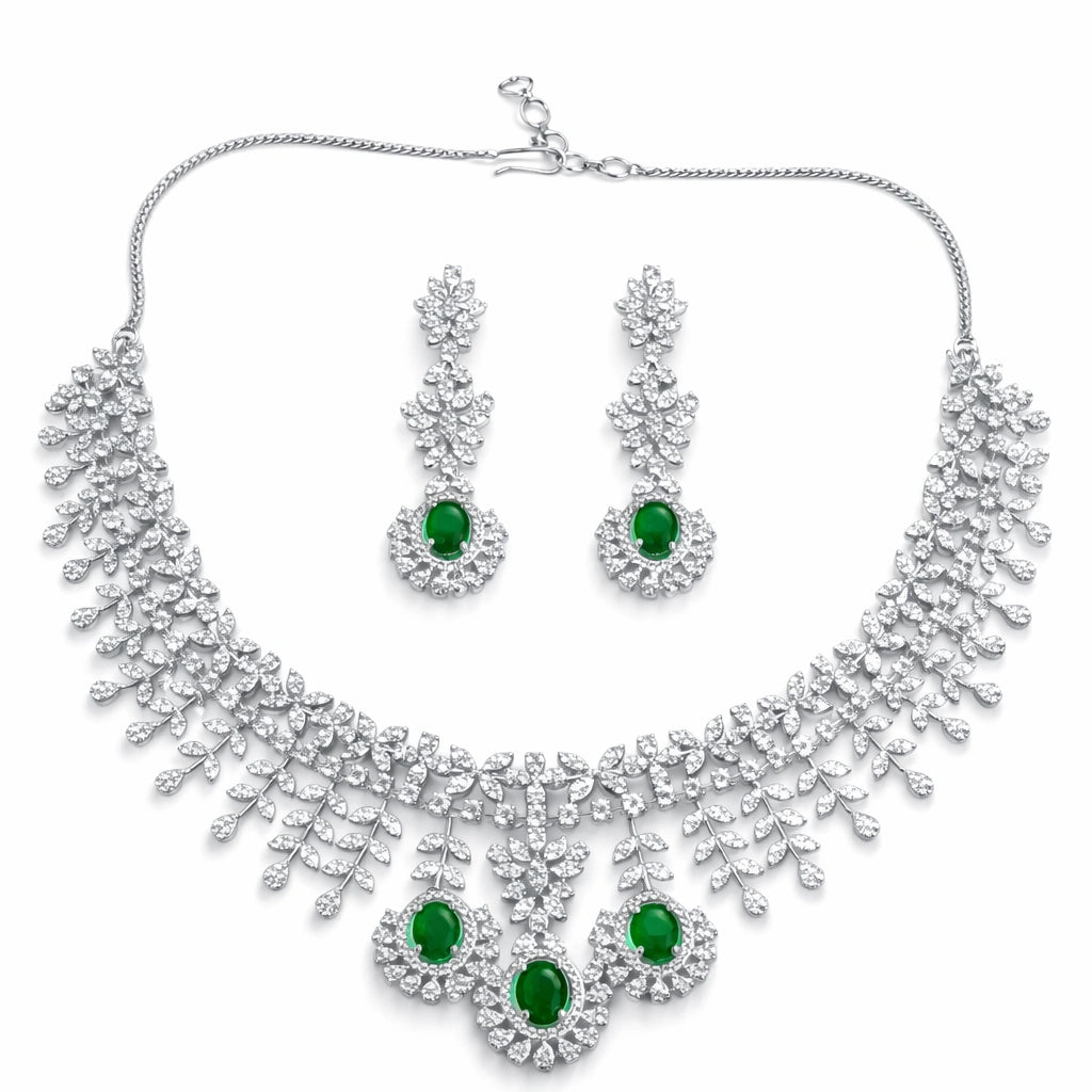 Green Stone Necklace Set with Earrings for Women | American Diamond Artificial Jewellery Party Wear