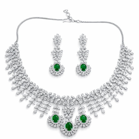 Green Stone Necklace Set with Earrings for Women | American Diamond Artificial Jewellery Party Wear