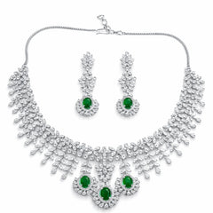 Green Stone Necklace Set with Earrings for Women | American Diamond Artificial Jewellery Party Wear