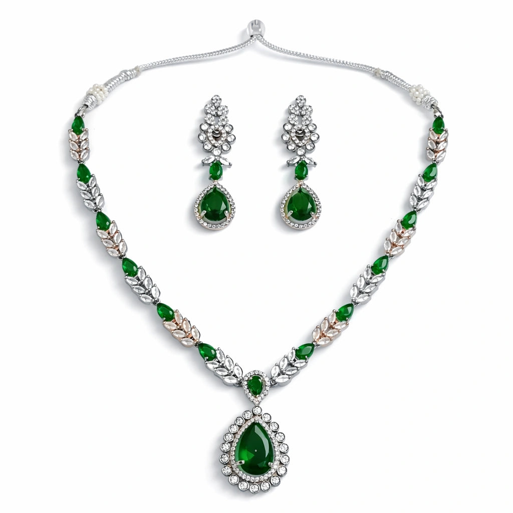Elegant Emerald Green Teardrop Necklace Set with Earrings | AD Artificial Party & Wedding Jewellery