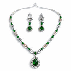 Elegant Emerald Green Teardrop Necklace Set with Earrings | AD Artificial Party & Wedding Jewellery