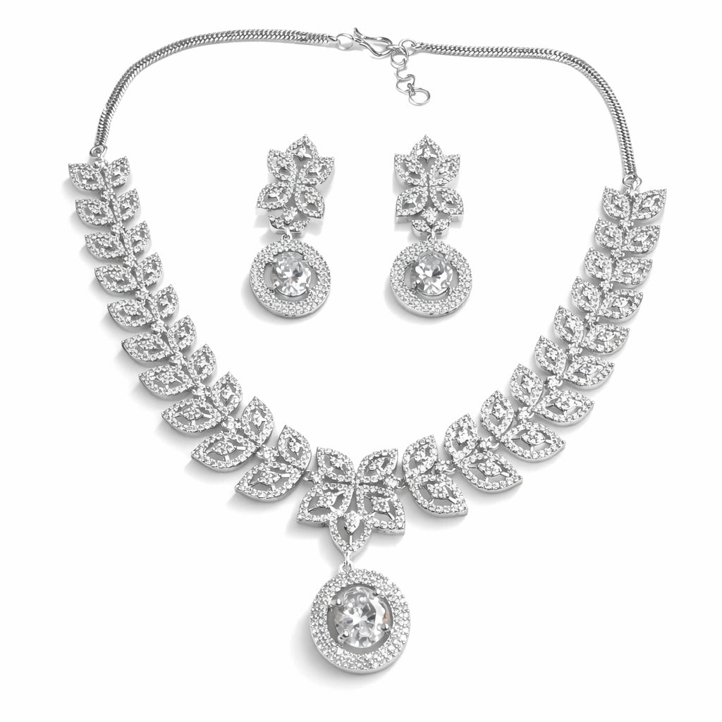 Silver Leaf Design Necklace Set with Earrings | American Diamond Artificial Jewellery for Women