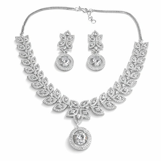 Silver Leaf Design Necklace Set with Earrings | American Diamond Artificial Jewellery for Women