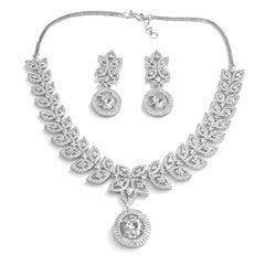 Silver Leaf Design Necklace Set with Earrings | American Diamond Artificial Jewellery for Women