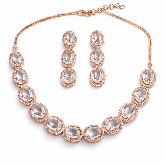 Rose Gold Crystal Necklace Set with Earrings | American Diamond Artificial Jewellery for Women