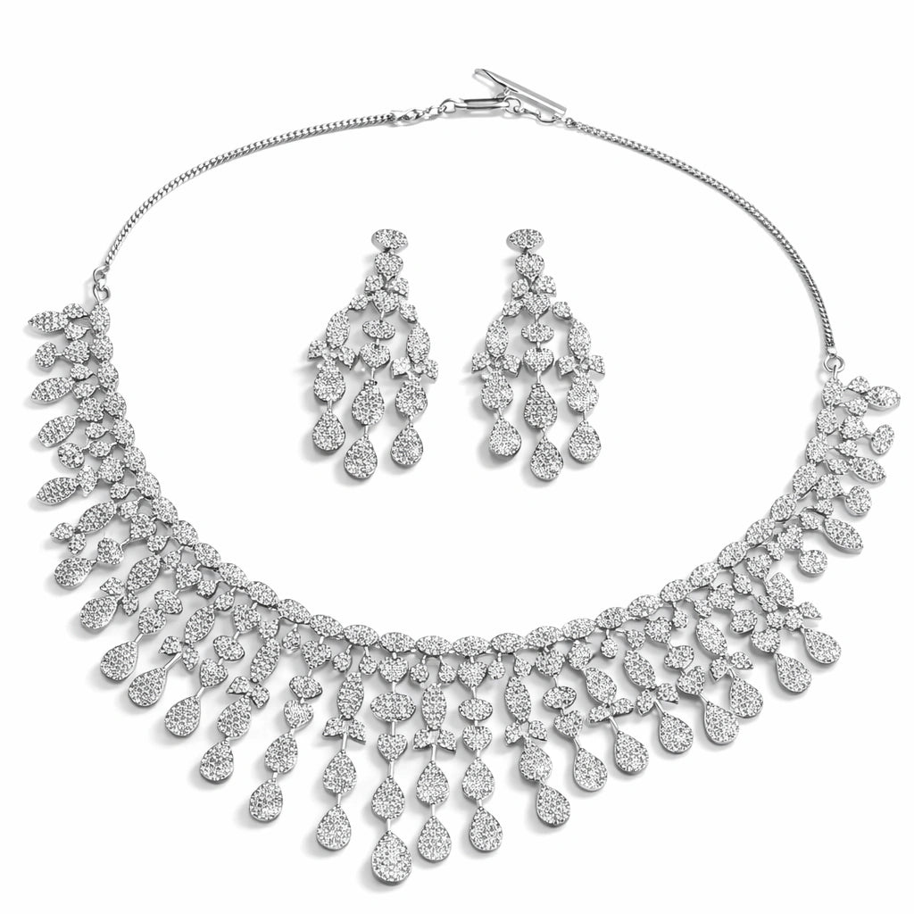 Silver Crystal Choker Necklace Set with Earrings | American Diamond Bridal Artificial Jewellery