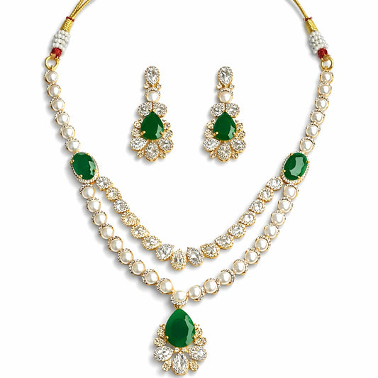 Elegant Green Teardrop & Pearl Necklace Set with Earrings | AD Wedding Jewellery for Women