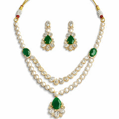Elegant Green Teardrop & Pearl Necklace Set with Earrings | AD Wedding Jewellery for Women